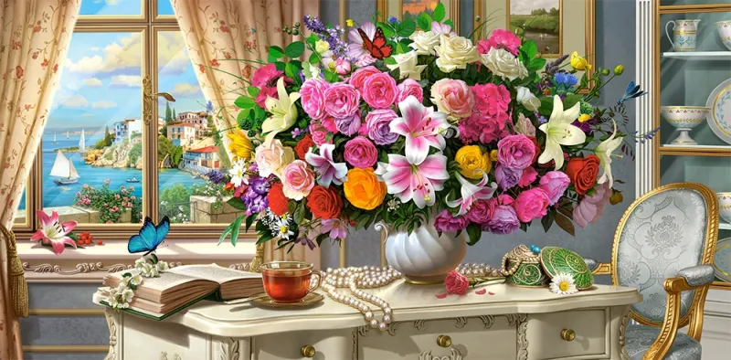 Fleurs d'Été et Tasse de Thé Fleurs d'Été et Tasse de Thé